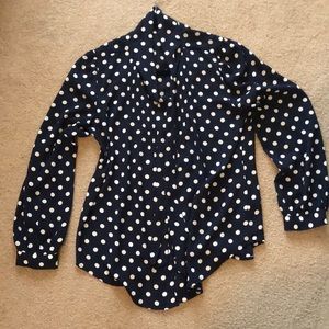 J. Crew silky long-sleeved navy with ivory polka dots.